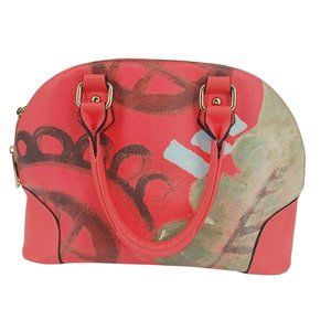 PAINTED PRINT CORAL/BROWN HANDBAG, WITH ZIPS, SIDE POCKETS FOR CARDS AND CELL PH